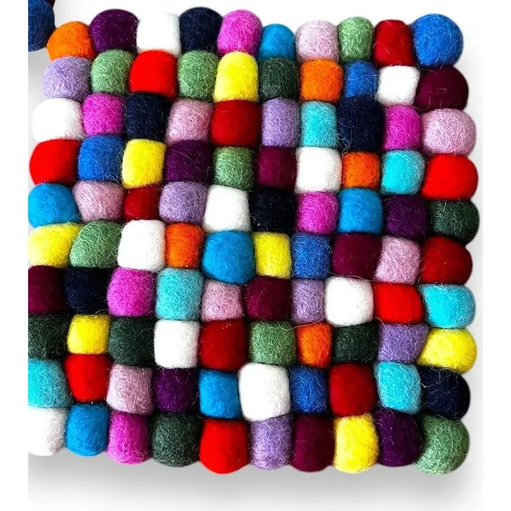 Rainbow Felted Wool Ball Trivets Hot Pads Lot Of 3 Bohemian Boho 8x8 And 6x6